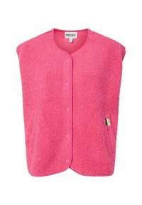 Luddig rosa ärmlös väst med knäppning, rundad halsringning och sidoficka som har en liten etikett. Mjuk, strukturerad material.