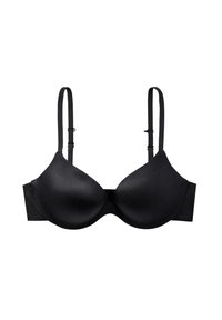 Reggiseno nero con coppe preformate, spalline regolabili e una texture liscia. Presenta un design senza cuciture e una fascia larga per il supporto.