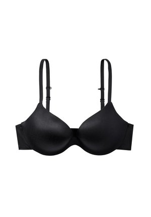 Reggiseno nero con coppe preformate, spalline regolabili e una texture liscia. Presenta un design senza cuciture e una fascia larga per il supporto.