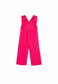 Fuchsia hängselbyxor med volangdetaljer på axelremmarna, vida ben och en lös passform. Tillverkade av ett lättviktigt tyg, designade för avslappnad användning.