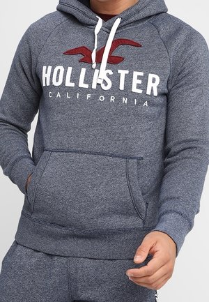 Szara bluza z kapturem Hollister California z czerwonym logo mewy, białymi sznurkami i przednią kieszenią typu kangur, noszona przez osobę z częściowo widocznymi rękami.