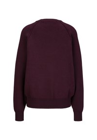 Burgunderfarbener Pullover mit rundem Ausschnitt, gerippten Bündchen und Saum. Hergestellt aus einem weichen Stoff, mit einem schlichten, einfarbigen Design ohne Verzierungen.