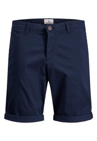 Shorts en coton bleu marine avec un devant plat, des revers retroussés et une fermeture à un seul bouton. Comprend une petite étiquette de marque à l'intérieur de la ceinture.
