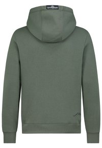Olivgrüner Hoodie aus weichem Stoff, mit einer Kängurutasche und gerippten Bündchen. Auffällige Berggrafik in der Nähe der linken unteren Ecke.