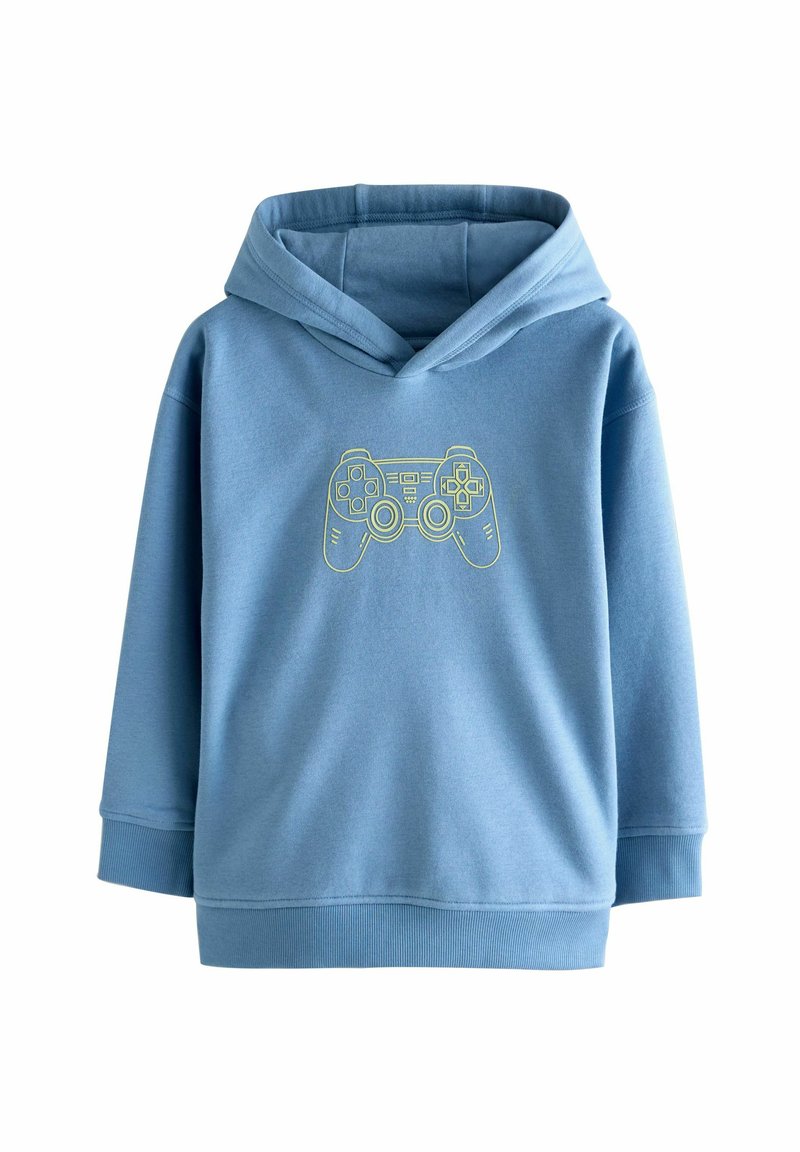 Hellblaues Hoodie mit weichem Material, das auf der Vorderseite eine gelbe Gamecontroller-Grafik und eine Kordelzugkapuze aufweist.
