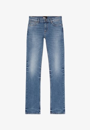 Blaue gerade geschnittene Jeans mit leichter Ausbleichung an den Oberschenkeln, Fünf-Taschen-Stil, Knopf- und Reißverschluss sowie Markenetikett am Bund.