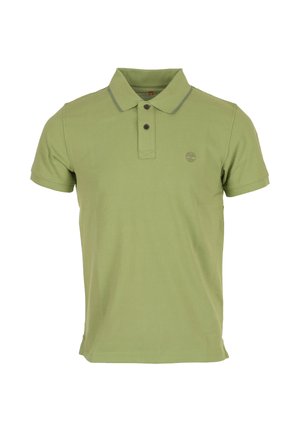 Polo verde chiaro a maniche corte con patta a due bottoni, logo discreto sul petto sinistro e piping a contrasto sui bordi del colletto.