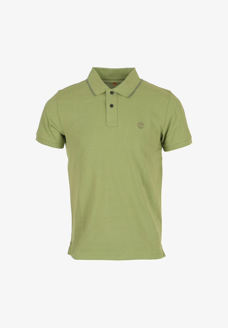 Polo vert clair à manches courtes avec patte à deux boutons, logo discret sur la poitrine gauche et passepoil contrastant sur les bords du col.