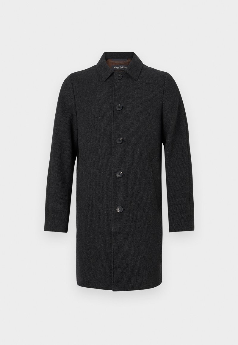 Dunkelgrauer Wollmantel mit einem Kragen, sechs Knöpfen auf der Vorderseite, zwei seitlichen Taschen und einem geraden Schnitt.