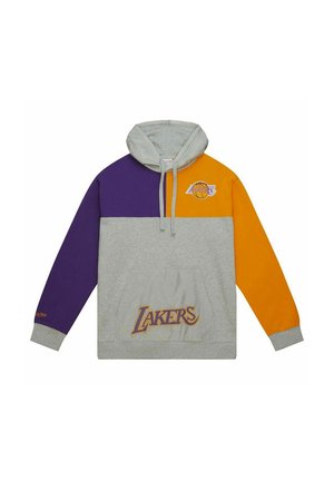 Hoodie with purple left sleeve, orange right sleeve, and gray body, featuring Lakers logo on chest and pocket with drawstring hood.