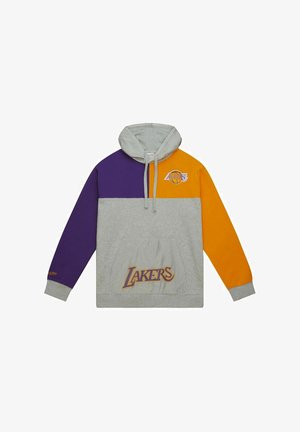 Hoodie mit lila linkem Ärmel, orange rechtem Ärmel und grauem Körper, mit Lakers-Logo auf der Brust und Tasche mit Kordelzugkapuze.