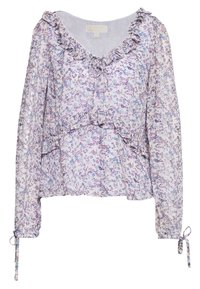 Blouse fleurie en violet clair avec col à volants et devant plissé. Manches longues avec détails à nouer aux poignets, présentant un motif délicat.