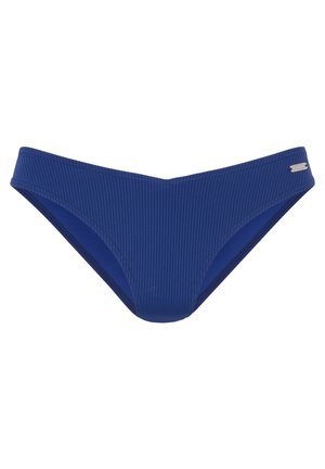 Blue bikini bottom made of ribbed material, features a solid smooth interior, low-rise design, and subtle metal accent on the waistband.