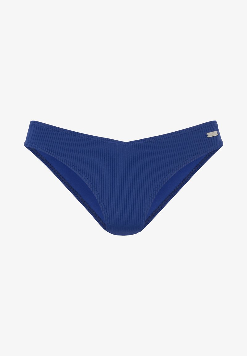 Modre bikini hlače iz rebrastega materiala, z gladko notranjostjo, nizkim pasom in diskretnim kovinskim detajlom na pasu.