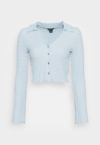 Chemise bleu clair coupée à manches longues, avec un design texturé et smocké ; dotée d'un décolleté en V et d'une fermeture à boutons, avec des bords festonnés.