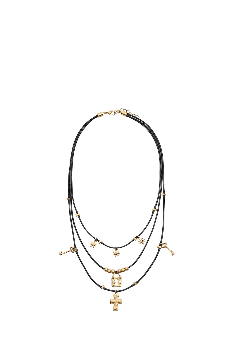 Naszyjnik warstwowy z trzema pasmami czarnego sznurka; ozdobiony akcentami w kolorze złotym, w tym kluczami, zamkiem i krzyżem.