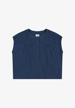 Blouse sans manches bleu marine à fines rayures verticales, col rond, fermeture à boutons sur le devant, et étiquette Wrangler au col.