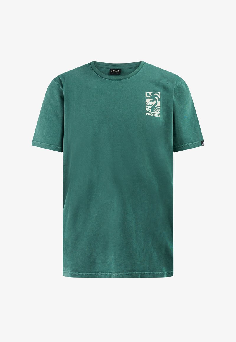 Grünes kurzärmeliges Baumwoll-T-Shirt mit rundem Ausschnitt und einer weißen abstrakten Sonne- und Wellen-Grafik über dem Wort "PROTEST" auf der Brust.