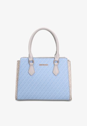 Hellblaue Handtasche mit dezent gemusterter Textur, beige Henkel, goldfarbene Beschläge und "Pierre Cardin"-Logo auf der Vorderseite in der Mitte.