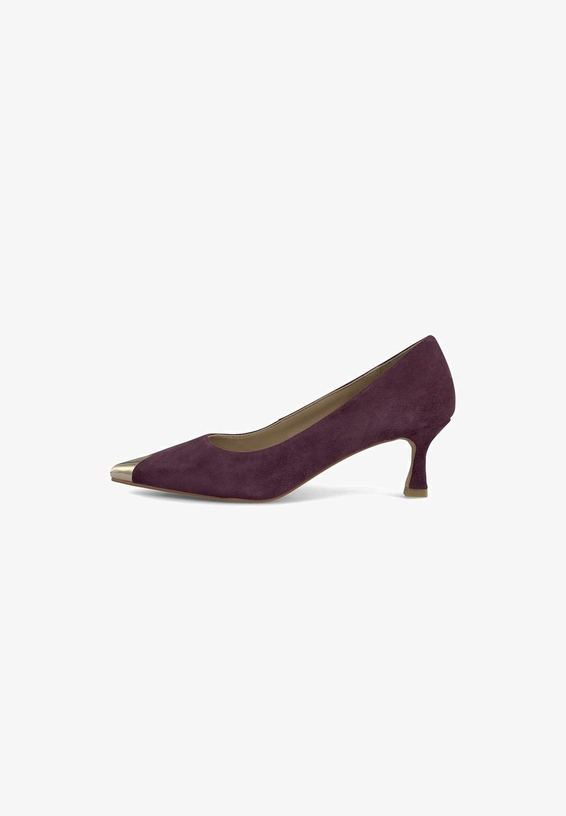 Richelieu en daim violet avec un bout pointu, doté d'un capuchon doré métallisé à l'avant et d'un petit talon solide. Texture lisse dans l'ensemble.