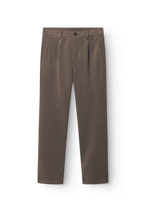 Brown trousers with a textured fabric, featuring a button closure, two front pockets, and a straight-leg design.