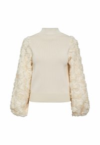 Kreemivärviline kampsun kõrge kaelusega ja tekstuursete roosimustriliste patsisvarrukatega. Korsett on sile koega, mis kontrasteerib pehmete varrukatega.