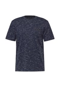 Mörkblå t-shirt med korta ärmar, texturerat mönster, rundad hals och en liten logotyp på vänster fram.