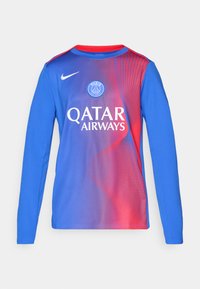 Majica dugih rukava za sport s plavim i crvenim gradijentnim uzorkom, s logotipom QATAR AIRWAYS i emblemom Pariza na prsima, izrađena od laganog materijala.