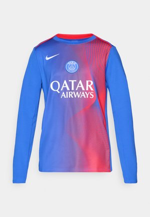 Pikendustega spordipusa, millel on sinine ja punane gradiendivalik, QATAR AIRWAYS logo ja Pariisi emblem rinnal, valmistatud kergest materjalist.