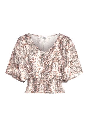 Short-sleeve top with a V-neck, featuring a smocked waist and a light, textured fabric in a floral pattern of peach, pink, and brown tones.