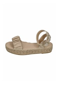 Beige espadrille sandal with ruched fabric strap and ankle strap. Braided jute sole with flat base, detailed stitching, and soft interior.