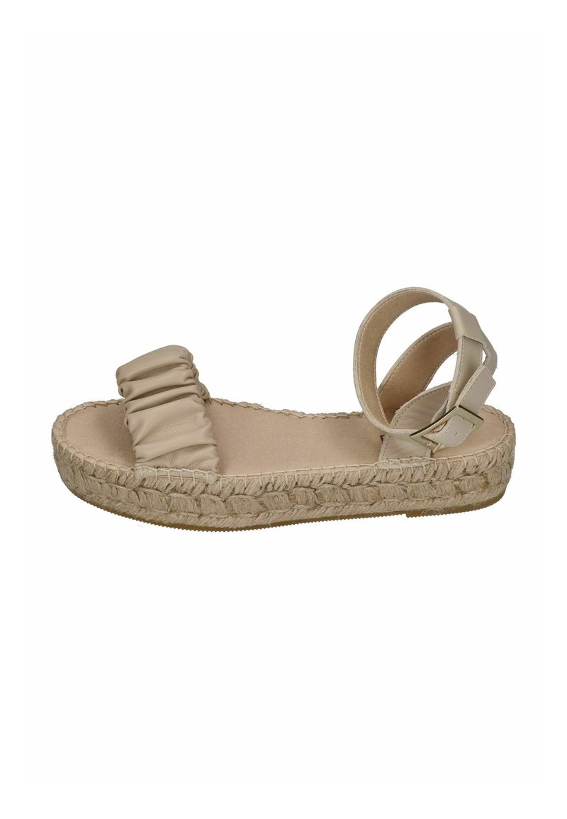 Beige espadrille sandal with ruched fabric strap and ankle strap. Braided jute sole with flat base, detailed stitching, and soft interior.
