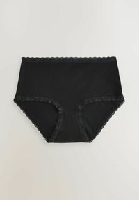 Sorte bomuldsboksershorts med blondekant langs livlinjen og benåbningerne, i en glat tekstur og med fuld dækning.