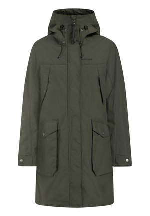 Olive green waterproof parka with a hood, featuring two front pockets, zip and snap closures, and adjustable drawstrings at the neck.