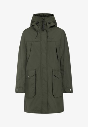 Parka impermeabile verde oliva con cappuccio, dotata di due tasche frontali, chiusura con zip e bottoni a pressione, e coulisse regolabili al colletto.