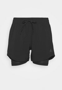 Zwarte sport shorts met een binnenlaag, elastische tailleband en verstelbaar koord. Heeft een subtiele textuur en logo-detail aan de zoom.