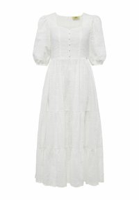 Biała bawełniana sukienka midi z bufiastymi rękawami, kwadratowym dekoltem i detalem w postaci guzików. Posiada wzór w oczka oraz warstwowy dół, co dodaje tekstury.