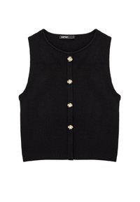 Suéter negro sin mangas con un escote redondeado y cinco botones en tono dorado en el frente. Textura suave, diseño ajustado.