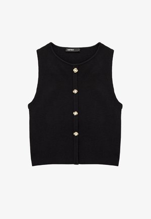 Zwarte mouwloze trui met een ronde halslijn en vijf gouden knopen aan de voorkant. Zachte textuur, getailleerd ontwerp.