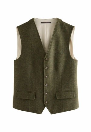 Zöld halszálkás mellény V nyakkal, öt gombbal, két elülső zsebbel és krémszínű béléssel. Az anyagnak textúrája van és szőtt.