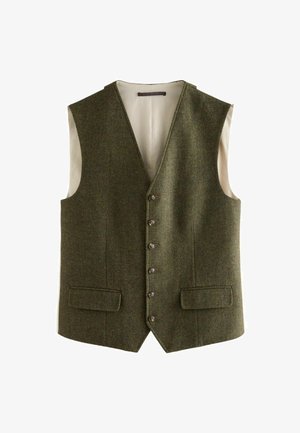Zöld halszálkás mellény V nyakkal, öt gombbal, két elülső zsebbel és krémszínű béléssel. Az anyagnak textúrája van és szőtt.