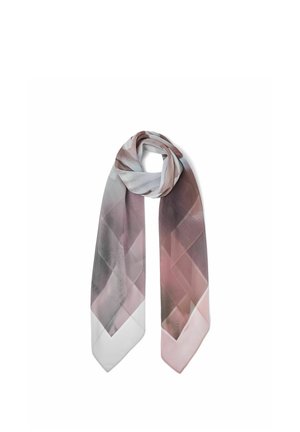 Sciarpa morbida con motivo geometrico in tonalità di rosa, malva e grigio, disposta a anello morbido su sfondo bianco.