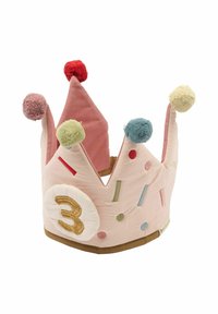 Mäkká ružová tkaninová korunka s farebnými bambuľkami, detailmi konfety a zlatým číslom 3 na prednej strane.