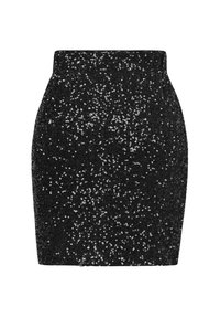 Minifalda negra con lentejuelas, de silueta ajustada, que presenta una cintura alta y una textura suave y brillante gracias a las lentejuelas.