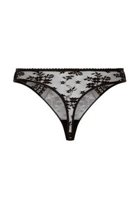 Schwarzer Spitzenstring mit floralen Mustern, transparentem Material und gewellten Kanten. Der Bund ist einfarbig mit kontrastierenden Rändern.