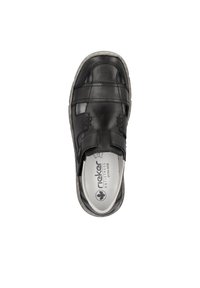 Schwarzer Leder-Schlüpfschuh mit mehreren Riemen, glatte Textur, abgerundete Spitze und gepolsterter Innensohle, beschriftet mit "Rieker Anti Stress Extra Wide".