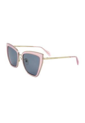 Occhiali da sole quadrati con montatura rosa, aste in metallo color oro e lenti scure.