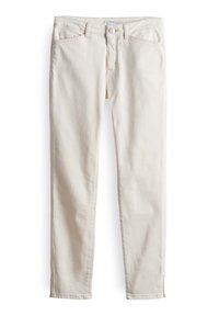 Beige denim jeans with five pockets, a front button closure, and belt loops. Features a slim fit and subtle stitching. Smooth texture.