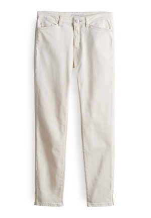 Beige denim jeans met vijf zakken, een sluiting met knoop aan de voorkant en riemlussen. Heeft een slim fit en subtiele stiksels. Gladde textuur.