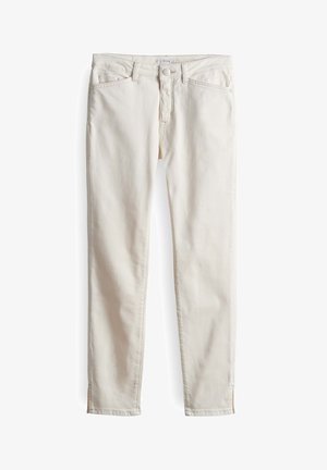 Beige Denim-Jeans mit fünf Taschen, einem Frontknopfverschluss und Gürtelschlaufen. Merkmale sind eine schmale Passform und dezente Nähte. Glatte Textur.